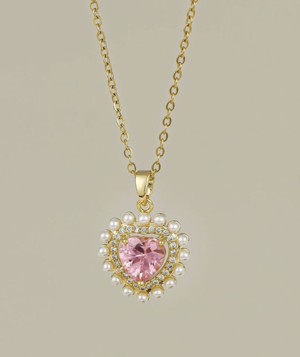DOUX Cute Pink Heart Pendant Necklace 18K Gold Plated Pink Cubic Zirconia Handmade Shiny Necklace for Women Gift for Her